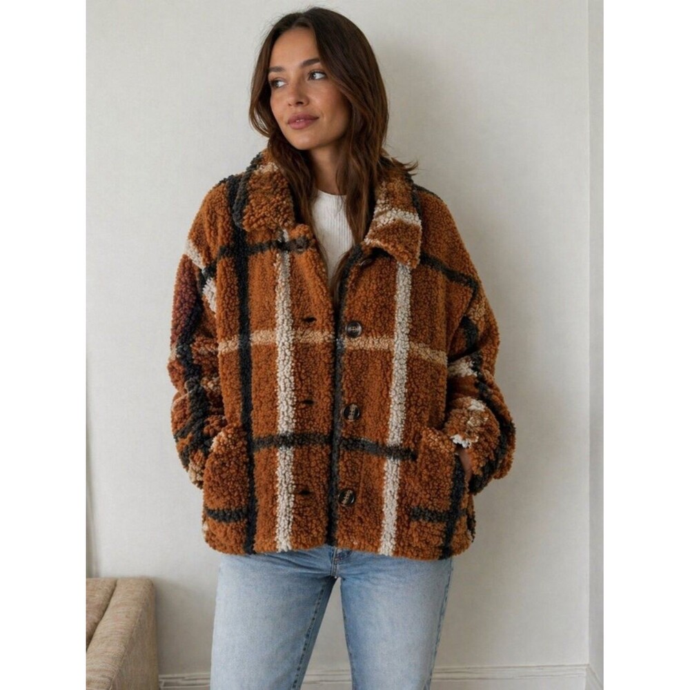 Stoosh Plaid Sherpa Fleece Jacket Womens XL Brown Cozy Winter Rustic Country